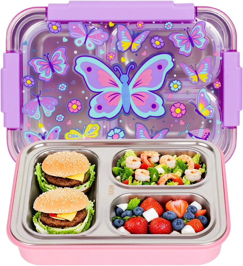Stainless Steel Bento Lunch Box for Kids, 710ml/23.5oz BPA-Free Leak-Proof Food Containers with 3 Compartments, Back to School Students Daycare Lunches Snack Container Size for Ages 4-8 - Butterfly