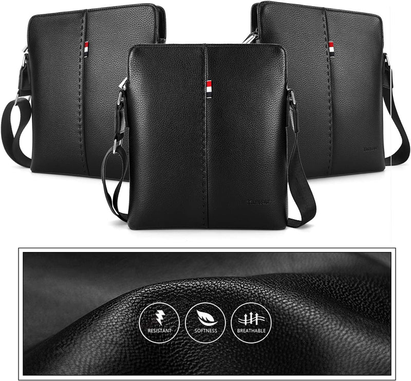 Mens Shoulder Bag, Genuine Leather Messenger Handbag Crossbody Bag for Men Purse iPad Bag for Business Office Work School with Adjustable Strap Black, Black, One Size