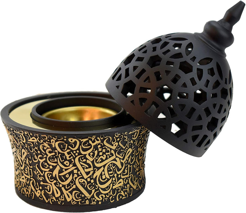 Calligraphy Style Closed Incense Burner (Mabkhara) Metal Tray Inside 8in Tall - Black