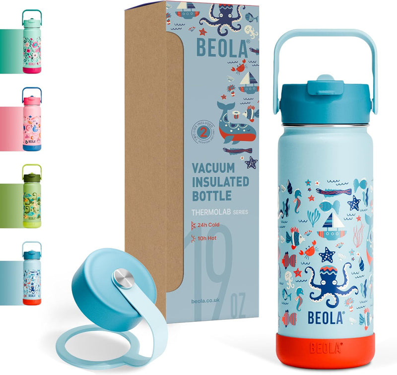 550ml Kids Water Bottle 18/8 Stainless Steel Double Wall Insulated thermo Bottle with Straw Lid and Wide Mouth, Hot Cold Liquids Sports School Bottle (19oz, Sea Vibes) - 550ML Sea Vibes