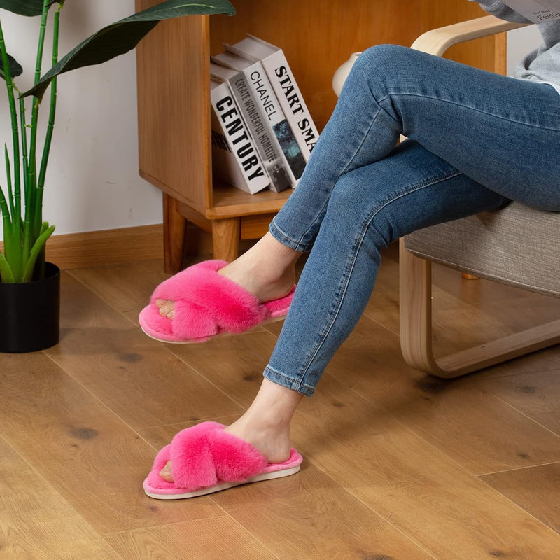 Women's Cross Band Slippers Soft Plush Furry Cozy Open Toe House Shoes Indoor Outdoor Faux Rabbit Fur Warm Comfy Slip On Breathable