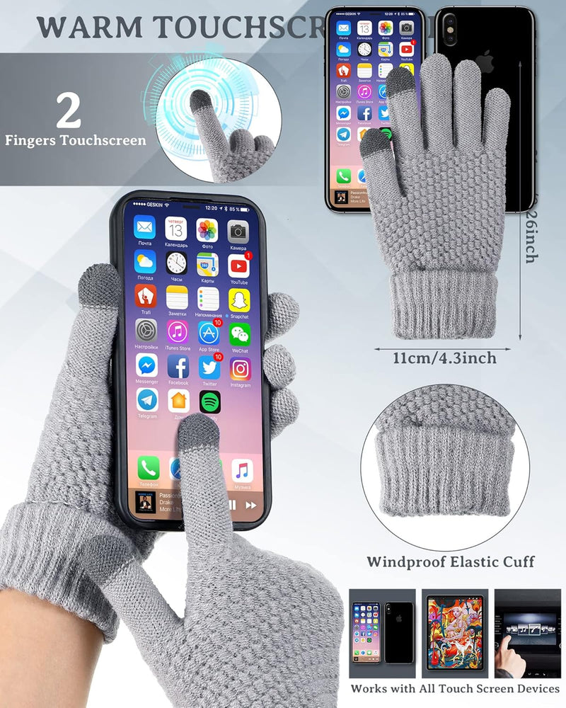 4 Pieces Women Winter Hat and Glove Set, Warm Knitted Beanie Hat Glove Snow Ski Skull Cap with Visor and Touchscreen Glove