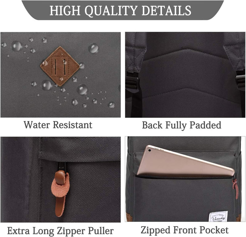 VASCHY Men's Backpack, Women's Waterproof School Bag, Boy Girl Computer 15.6 Inch Vintage for School, College, Work, Travel, Leisure