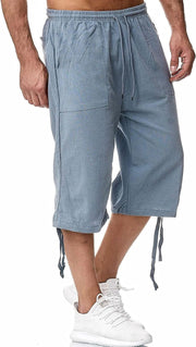 Men's Long Linen Shorts Below Knee Pocketed 3/4 Summer Drawstring Capri Pant - Blue
