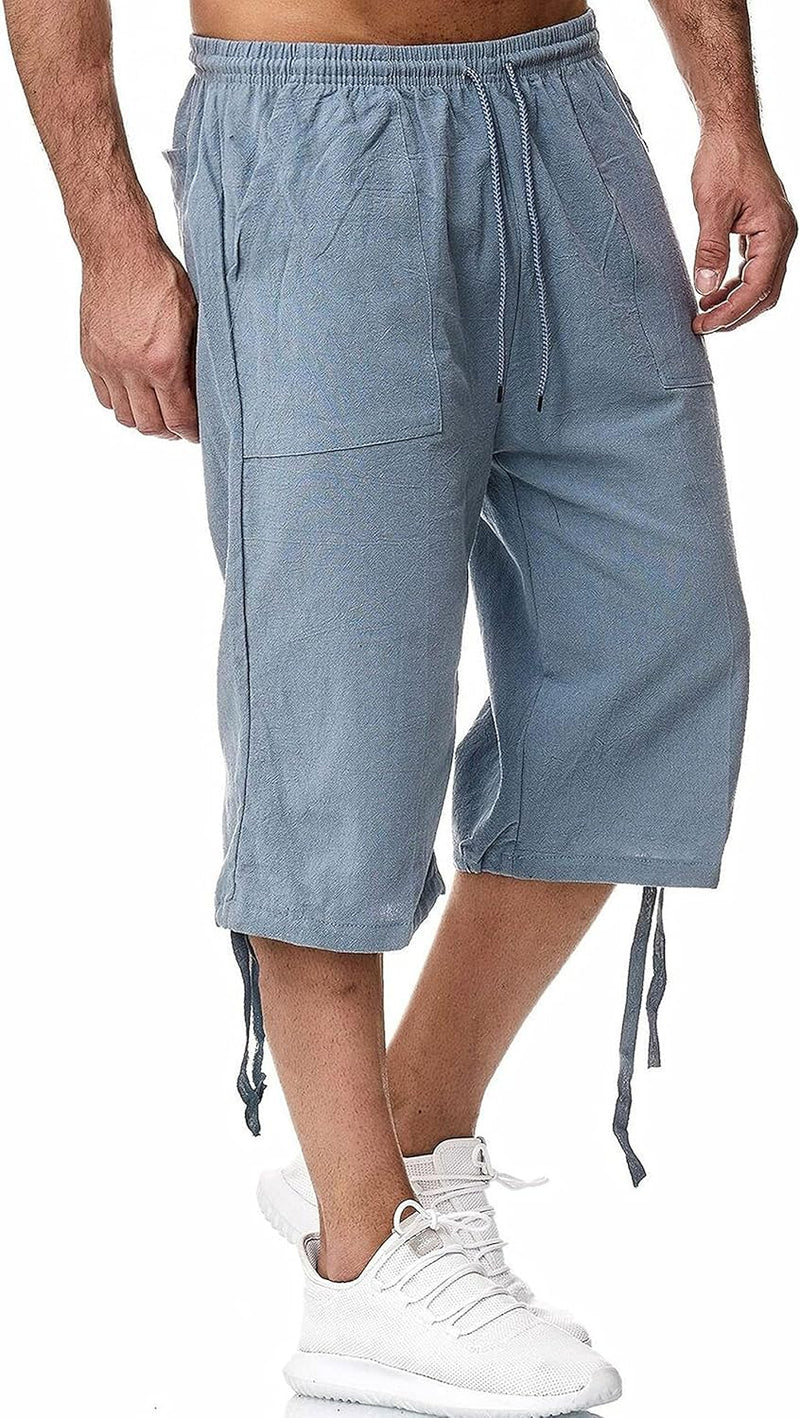 Men's Long Linen Shorts Below Knee Pocketed 3/4 Summer Drawstring Capri Pant - Blue
