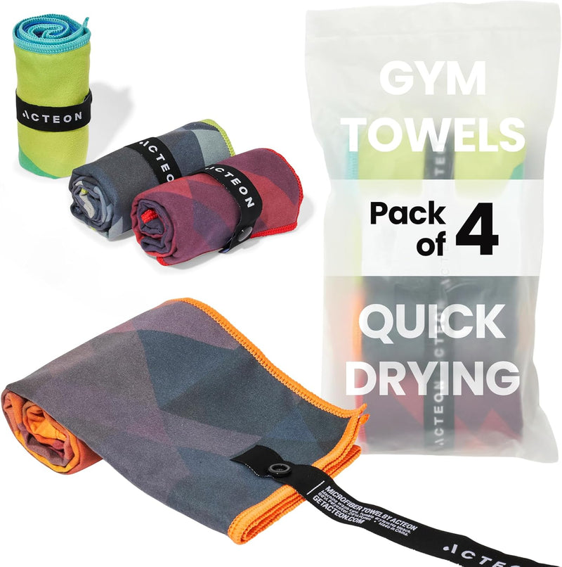 Microfiber Quick Dry Gym Towel, Silver ION Odor-Free Absorbent Fiber, Fast Drying, Men & Women Workout Gear for Body Sweat, Working Out, Towels - Magma/Ore/Aurora/Dusk 4 -pack