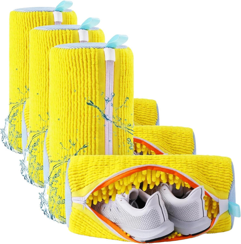 MOMENT Large Shoe Washing Machine Bag, 38x18cm Chenille Microfiber Sneaker Laundry Bag, 360 Scrubbing Deep Cleaning Reusable Shoe Washing Bags for Trainers, Sport Running Shoes (Yellow) - Yellow XL Large (Pack of 3)