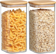 SKY-TOUCH Glass Food Storage Jars Containers set 1.5L,with Airtight Bamboo lids Set of 3,for Spices Noodles Flour Cereal Rice Sugar Tea Coffee Beans, Square (3 Pack, 1500ml) - 1500ml (Pack of 2) 2-Piece Glass Jar