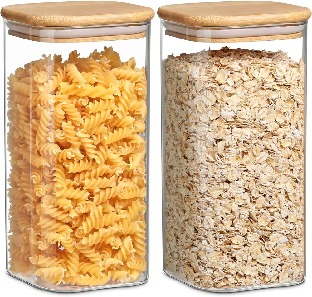 SKY-TOUCH Glass Food Storage Jars Containers set 1.5L,with Airtight Bamboo lids Set of 2,for Spices Noodles Flour Cereal Rice Sugar Tea Coffee Beans, Square (2 Pack, 1500ml)