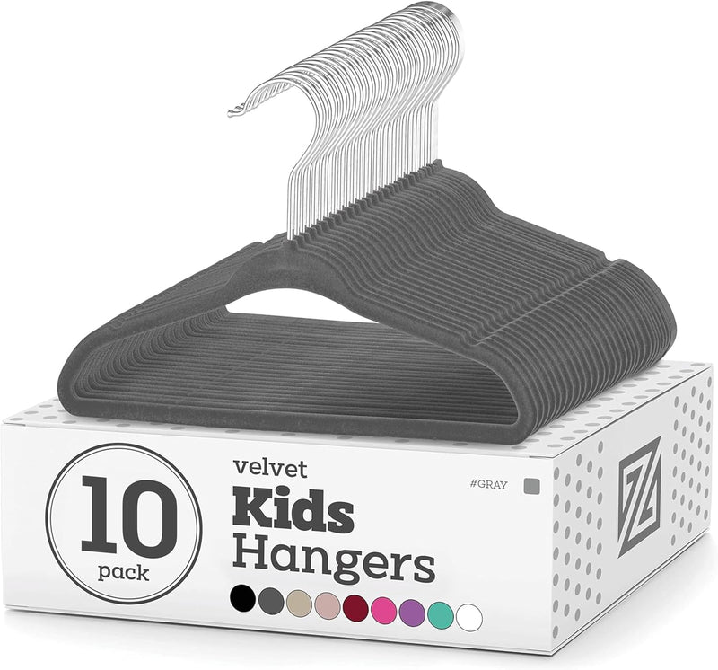 ZOBER Hangers For Kids Clothes - Chrome Swivel Hook - Non Slip Toddler Hangers for Kids and Children Clothes Space saving - Hanger for Everyday Use Set Of 10 - Grey