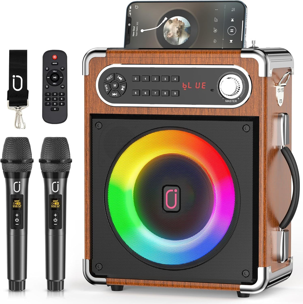 Karaoke Machine with Two Wireless Microphones, Portable Bluetooth Speaker with Bass/Treble Adjustment, PA System with Remote Control, LED Lights,Supports TF Card/USB, AUX IN, FM, REC,TWS for Party – image 2