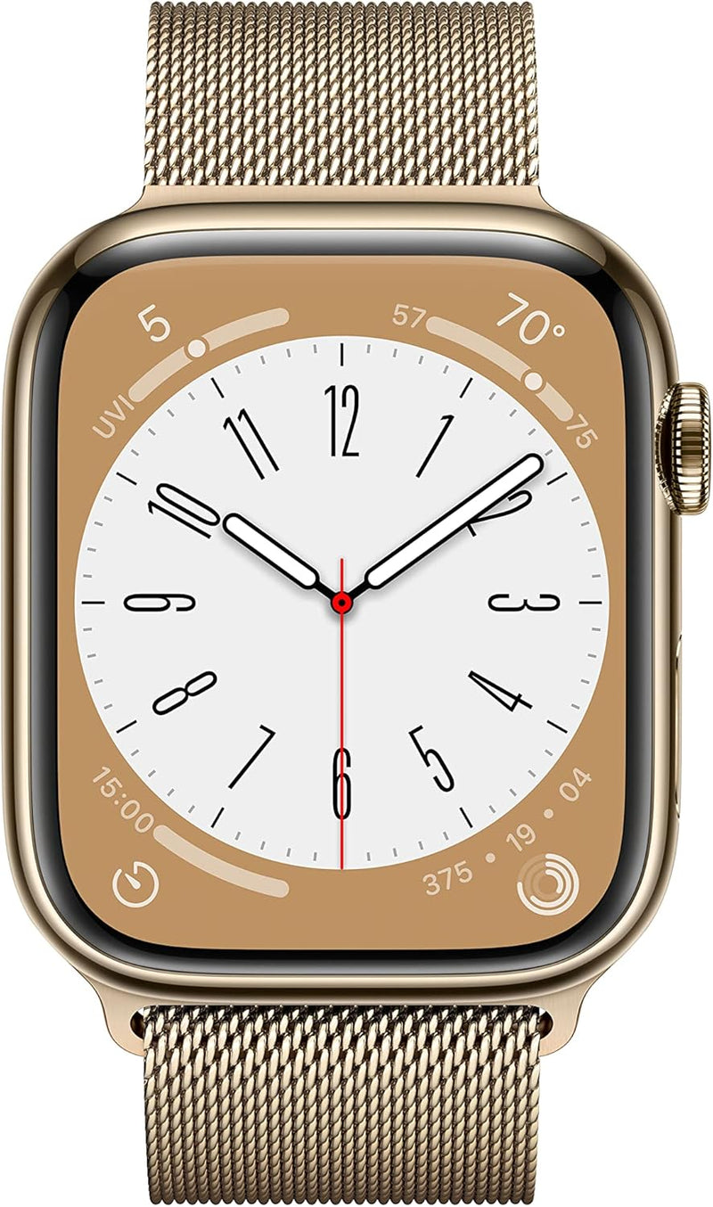 Apple New Apple Watch Series 8 (GPS + Cellular 45mm) Smart watch - Silver Stainless Steel Case with White Sport Band - Regular. Fitness Tracker, Blood Oxygen & ECG Apps, Water Resistant