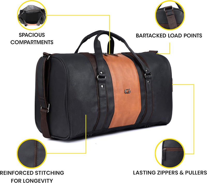 Vintage Faux-Leather 26L Medium Water Resistant Travel Duffle Bag/Gym Bag/Sports Duffle for Men/Women (Black)