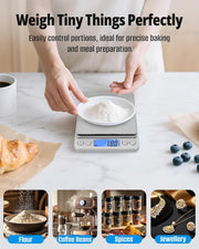 NEXT-SHINE Digital Kitchen Scale 500 x 0.01 Gram, Pocket Size with PCS Tare Switch Weighing Units Function, Stainless Steel Platform