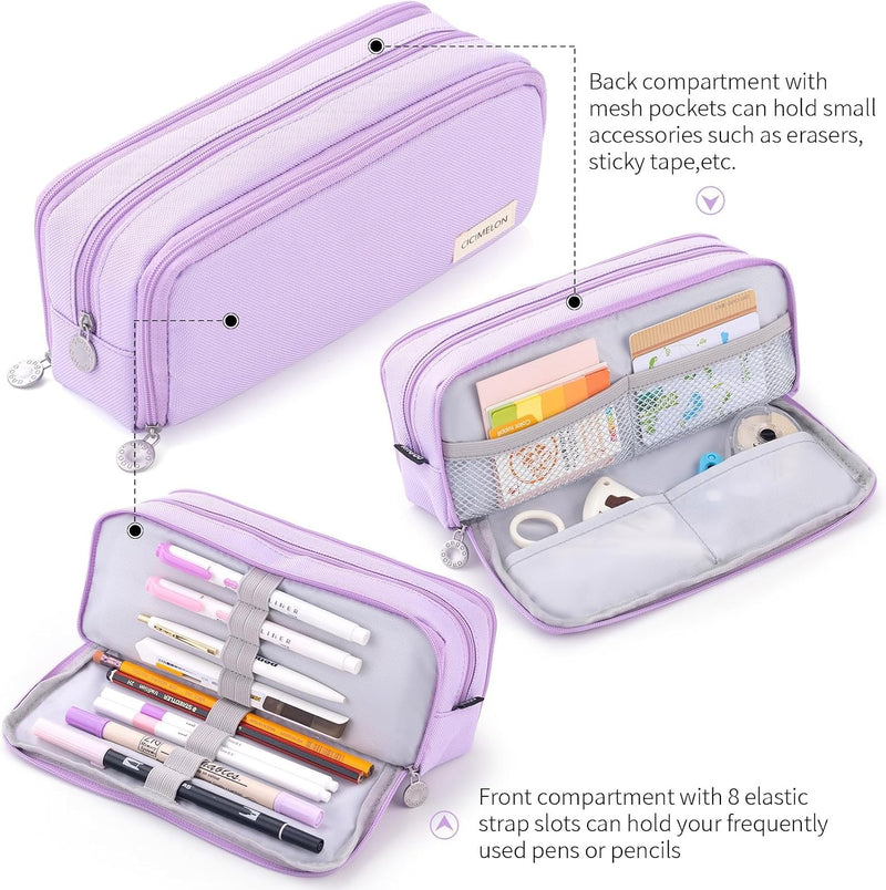 Pencil Case for Girls, Large Capacity Pencil Pouch 3 Compartment Pouch Pen Bag for School Teen Girl Boy Men Women (Purple)
