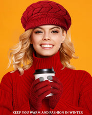 4 Pieces Women Winter Hat and Glove Set, Warm Knitted Beanie Hat Glove Snow Ski Skull Cap with Visor and Touchscreen Glove