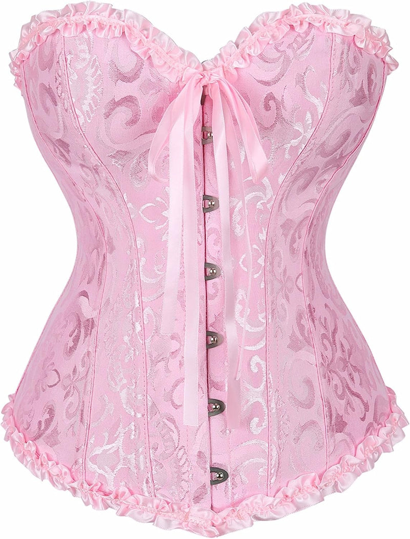 Corsets for Women Renaissance Floral Lace up Boned Overbust Corset Bustier Shapewear - Pink