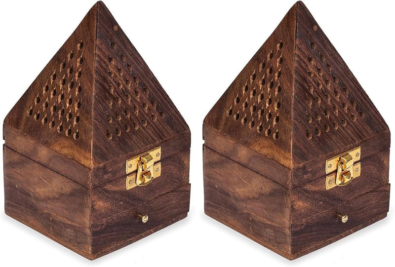 Wooden Bakhoor Incense Burner, Pyramid shape Fragrance home decor Ash Catcher for Aromatherapy Meditation Yoga (Brown, 7.5x7.5x12.7cm) - 9x9x15cm (Pack of 2) Brown