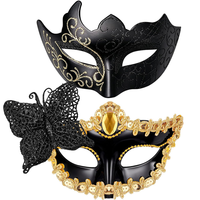 Couple Masquerade Masks Set Venetian Party Mask Plastic Halloween Costume Mask Mardi Gras Mask for Couples Women and Men, Black Silver - Black and Gold Finish