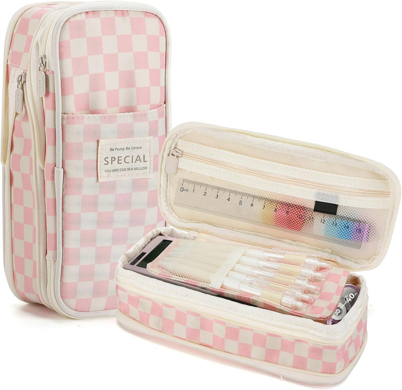 Large Capacity Pencil Case with Zipper, Cute Checkerboard Pencil Pouch for School Office College, Stationery Storage Bag Box Holder for Student Teen Girls Boyd Back to School Gifts (Pink) - Pink