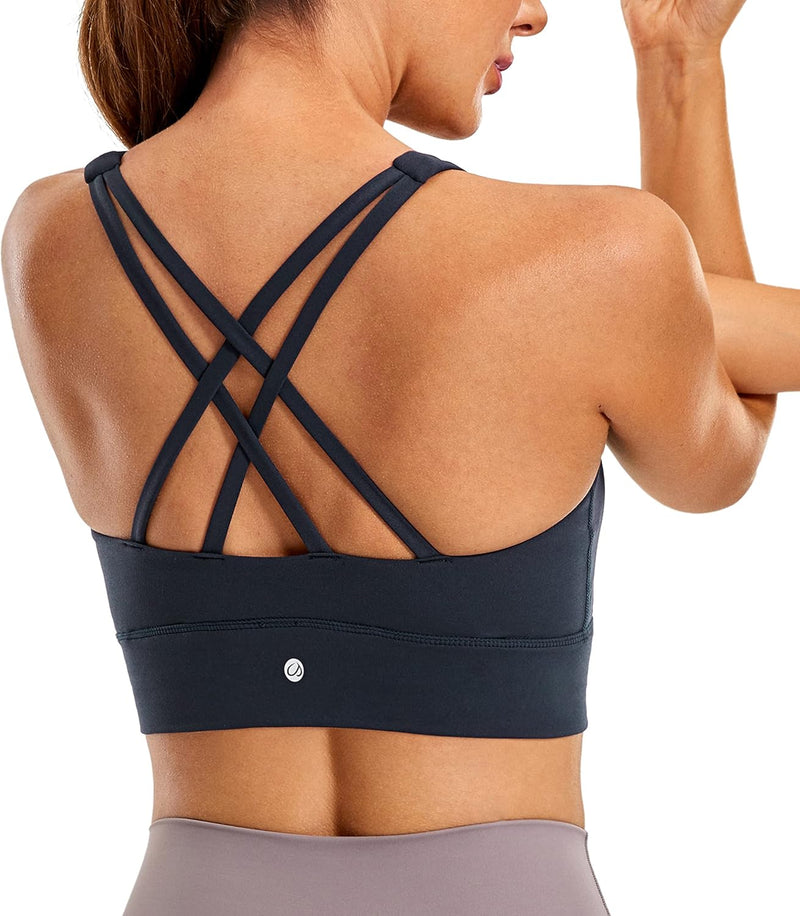 CRZ YOGA Womens Butterluxe Strappy High Neck Longline Sports Bra - Padded Criss Cross Back Workout Sports Bras Crop Tank Top