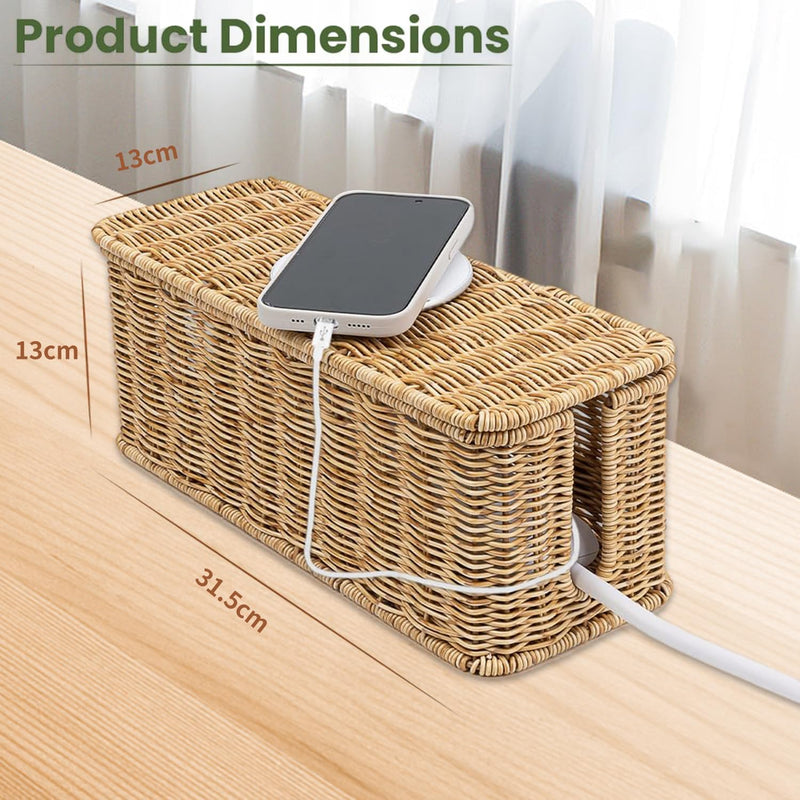 Cable Management Box, Handmade Rattan Cable Organizer, 2 Open Slots Cords Hider Box, Under Desk Cord Organizer for Computer Router Power Strip