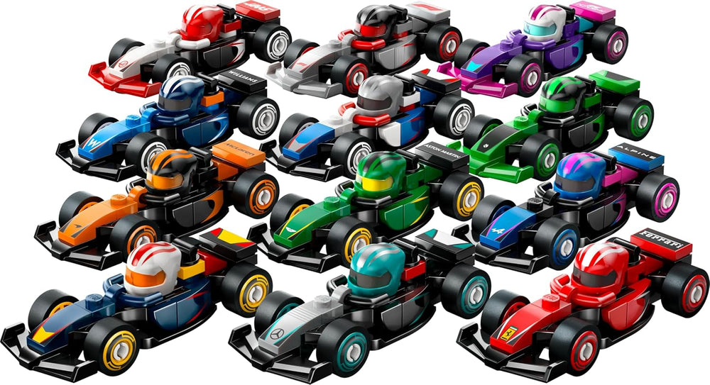 Minifigures F1 Collectible Race Cars Toys - Get 1 of 12 Mini Car Models with Drivers Helmets & Moving Wheels - Formula 1 Teams incl. Ferrari, Mercedes, McLaren, Red Bull - Mystery Box - 71049