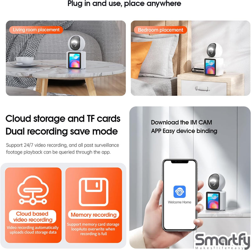 Smartfy Indoor Security Camera – Full HD Baby Monitor with Human Detection, Night Vision,Baby Camera Monitor with Crying Detection,Video Call,Smart Tracking & 2.8" Retina Screen Surveillance