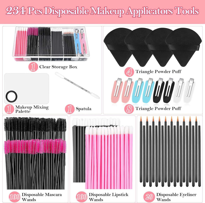 Audab Disposable Makeup Applicators Kit with Triangle Puff Mixing Palette, Artist Supplies Disposable Mascara Wands, Lip Brushes, Hair Clips Powder Puffs for Face with Storage Box - beige