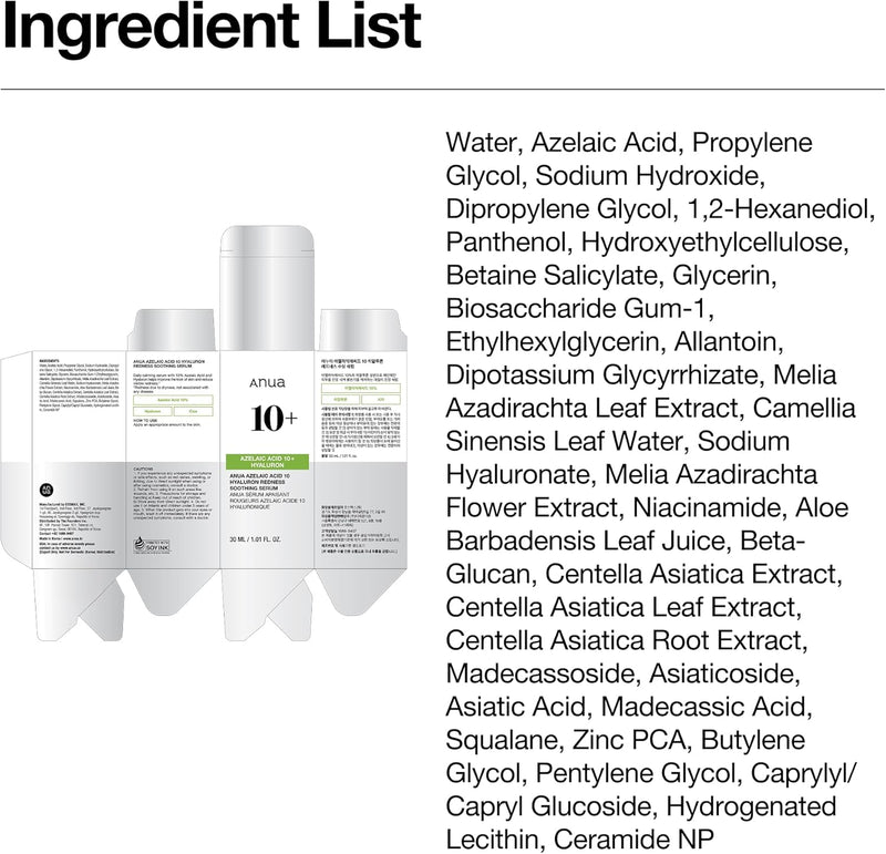 Azelaic Acid 10 Hyaluron Redness Soothing Serum, Facial Serum for Sensitive skin, Hyaluronic Acid, Niacinamide, Spot Care, Natural Color, Vegan, Korean Skincare (30ml/ 1.01 fl oz.)