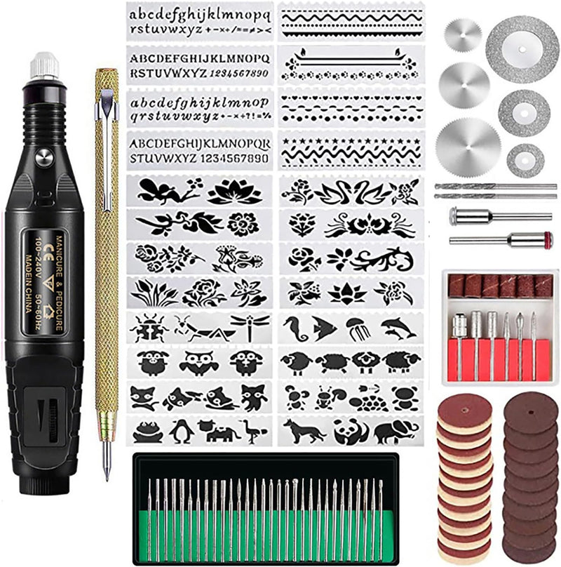 Tazweeq 108PCS Engraving Tool Kit, Multi-Functional Electric Micro Engraver Pen with DIY Rotary Tool, Adjustable Stepless Speed, 82 Accessories, 24 Stencils for Metal, Glass, Wood, Ceramic, Plastic