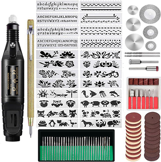 Tazweeq 108PCS Engraving Tool Kit, Multi-Functional Electric Micro Engraver Pen with DIY Rotary Tool, Adjustable Stepless Speed, 82 Accessories, 24 Stencils for Metal, Glass, Wood, Ceramic, Plastic