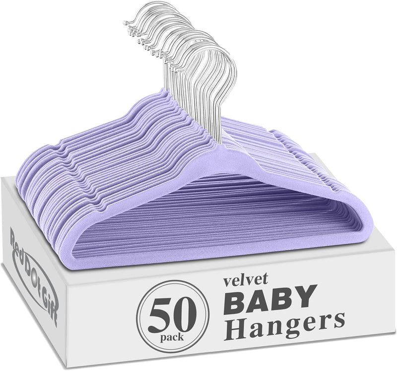 Red Dot Gift® 50 Pack Baby Velvet Hangers 11Inch/28cm - Nursery Clothes Hangers Non Slip Toddler Hangers, 360 Chrome Swivel Hook (White, 50)