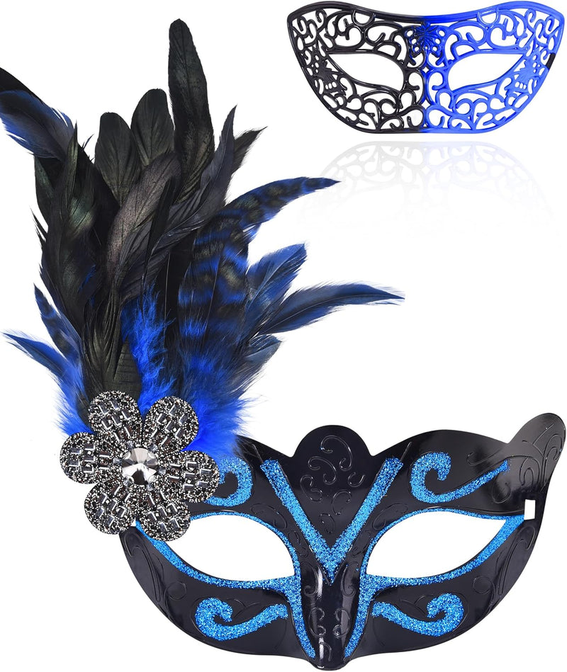 Couple Masquerade Masks Set Venetian Party Mask Costume Mask - Hollow Black & Blue