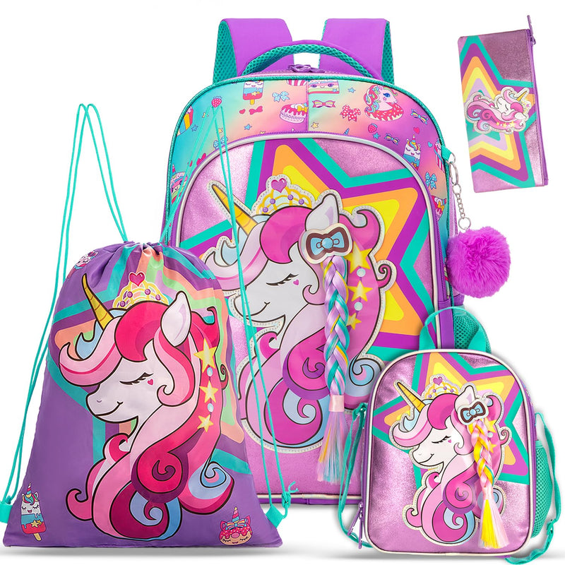 Eazy Kids - 18" Set of 4 School Bag Lunch Bag Activity Bag & Pencil Case Unicorn-Pink