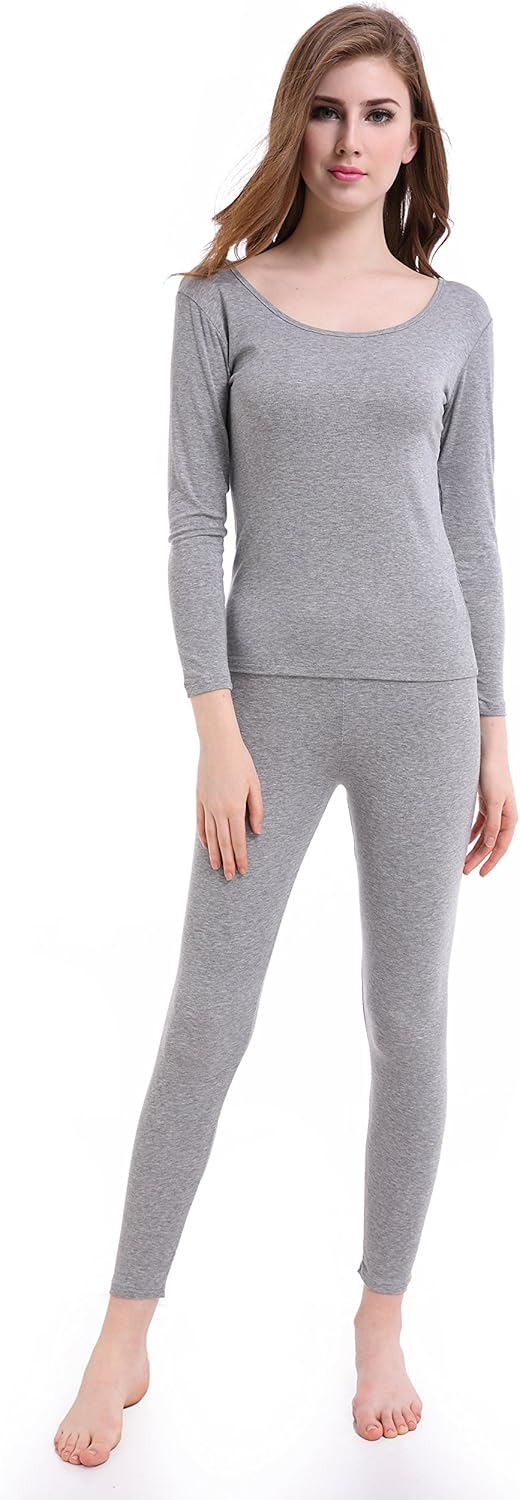 Womens Thermal Underwear Set Ultra Thin Crew Neck Base Layer Stretch Long Johns - Light Gray
