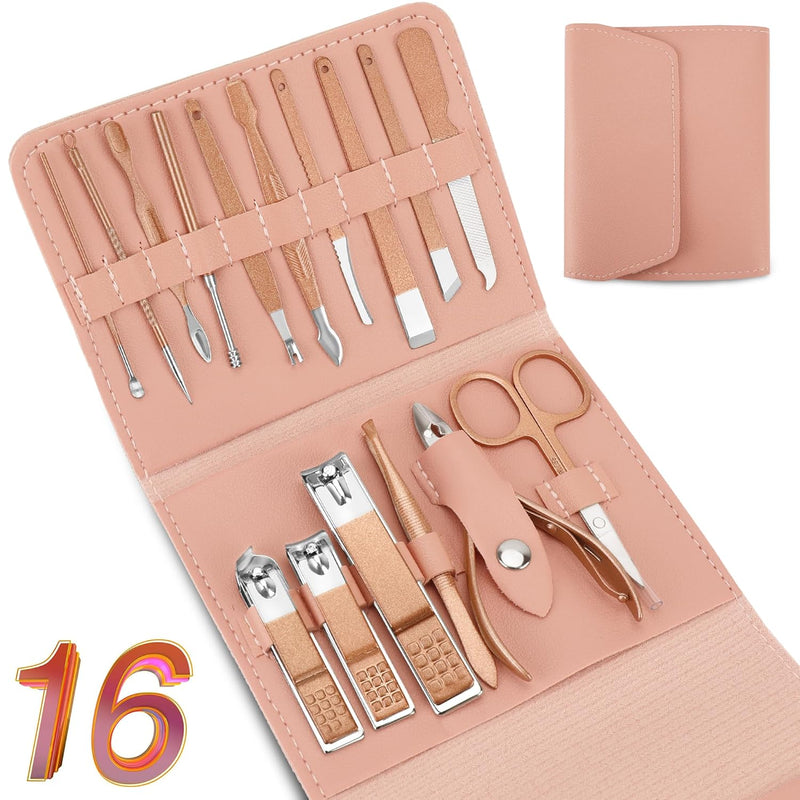 NINEMAX Manicure Set Nail Cutter Clipper Kit 16pcs Stainless Steel Rust Leather Case Sizes Pedicure for Women Men Travel Home Gift Giving Pink