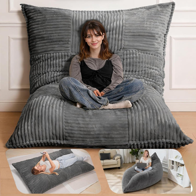 Giant Bean Bag Chair, 3-in-1 Convertible Bean Bag Floor Cushion with Machine Washable Cover,Giant Bean Bag Chairs for Adults, Living Room, Bedroom (Grey) - Grey