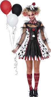 Womens Creepy Clown Costume - Black/White/Red