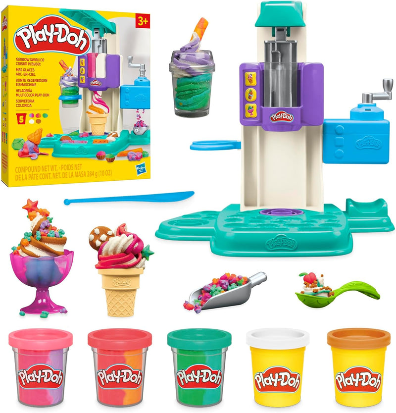 Play-Doh Rainbow Swirl Ice Cream Playset with 7 Pretend Play Kitchen Accessories, Arts and Crafts Toys for 3 Year Old Girls and Boys and Up - M Colourful rainbow ice cream maker