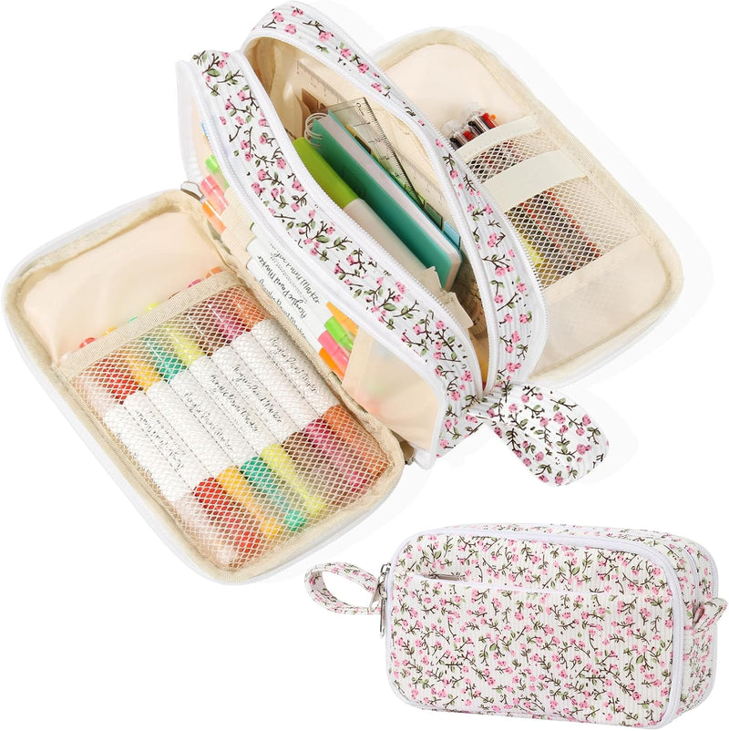 BuyCard Large Capacity Cute Pencil Case, Aesthetic Pen Pouch, White with Pink Bow Pattern Pencil Bag, Kawaii Stationery Storage and Organizer, Supplies for Teen and Adult Girls - Pink Floral
