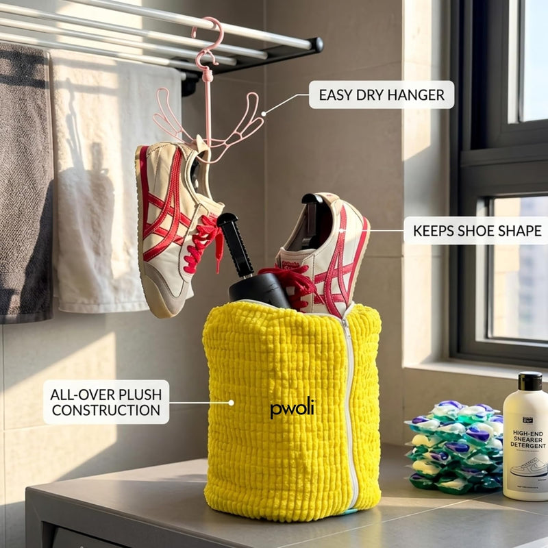 Premium Shoe Washing Bag with 2 Adjustable Shoe Trees & Hanging Hook Reusable Mesh Laundry Bag for Sneakers, Sports Shoes & Casual Footwear Protects Shape During Machine Wash