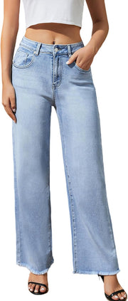Women's Wide Leg Jeans High Waisted Strechy Jeans for Women Straight Raw Hem Loose Casual Denim - Light Blue