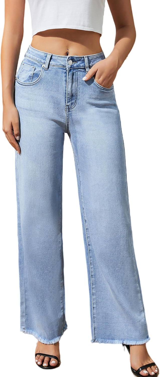 Women's Wide Leg Jeans High Waisted Strechy Jeans for Women Straight Raw Hem Loose Casual Denim - Light Blue
