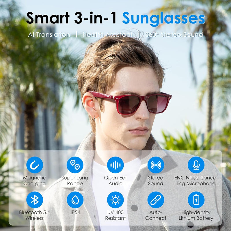 GetD AI Glasses, AI Assistant Powered by ChatGPT, Smart Glasses, Polarised Sunglasses, Bluetooth Smart Sunglasses for Men and Women, 2-in-1 Headphones and Glasses