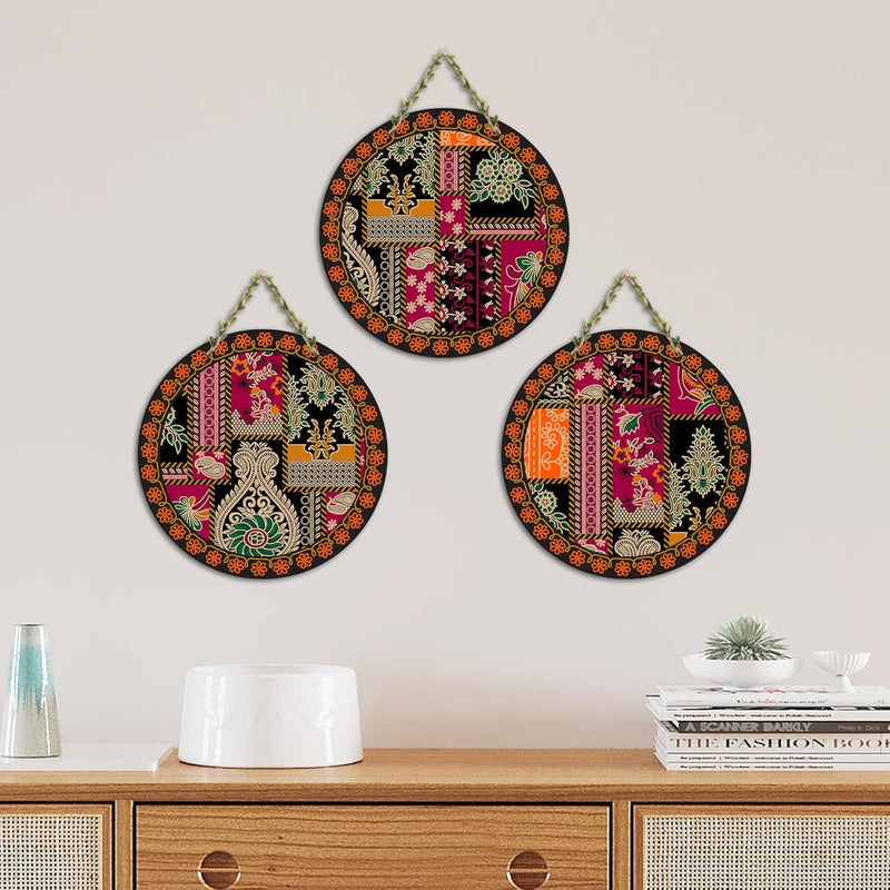 Artvibes Rajasthani Culture Wooden Wall Hanger for Home | Office | Living Room | Gift | Modern Decoration Items | Kitchen Wall Decor | Home Decor Hanging Items (WH_5012N), Set of 3