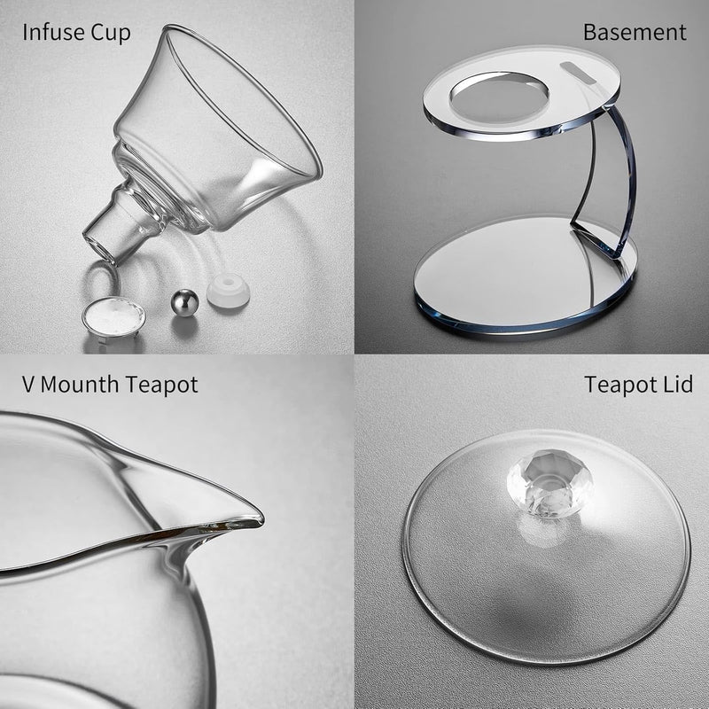 Unbreakable Glass Teapot Set, 340ml Semi-Automatic Rotating Kungfu Tea Pot with Infuser, Borosilicate Glass Drip Teapot for Home, Tea House, Restaurant, Chinese Tea Ceremony