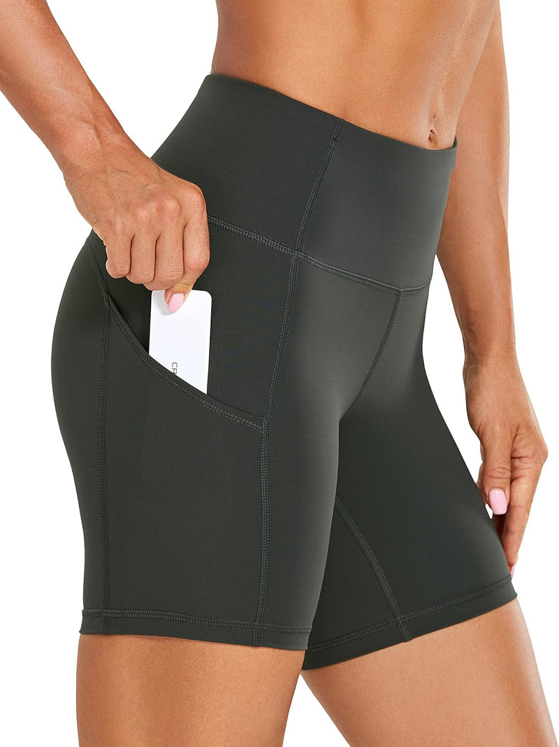 CRZ YOGA Women's Naked Feeling Light Running Shorts 6 Inches - High Waisted Gym Biker Compression Shorts with Pockets