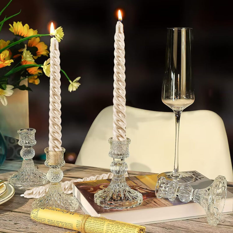 Angju Clear Glass Candlestick Holders,6 pcs Set Include Taper Candle Holders and Stripe Candle Holders,Two Style for Formal Events, Wedding, Festival,Church, Party & Festival Decoration