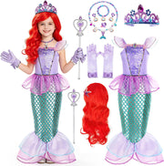 AM ANNA Girls Mermaid Costume Set, 9-in-1 Ensemble with Wig, Gloves, Crown and Accessories, Polyester, Ages 4-10, Purple, Halloween and Birthday Fancy Dress Kids Mermaid Costume - 9 in 1